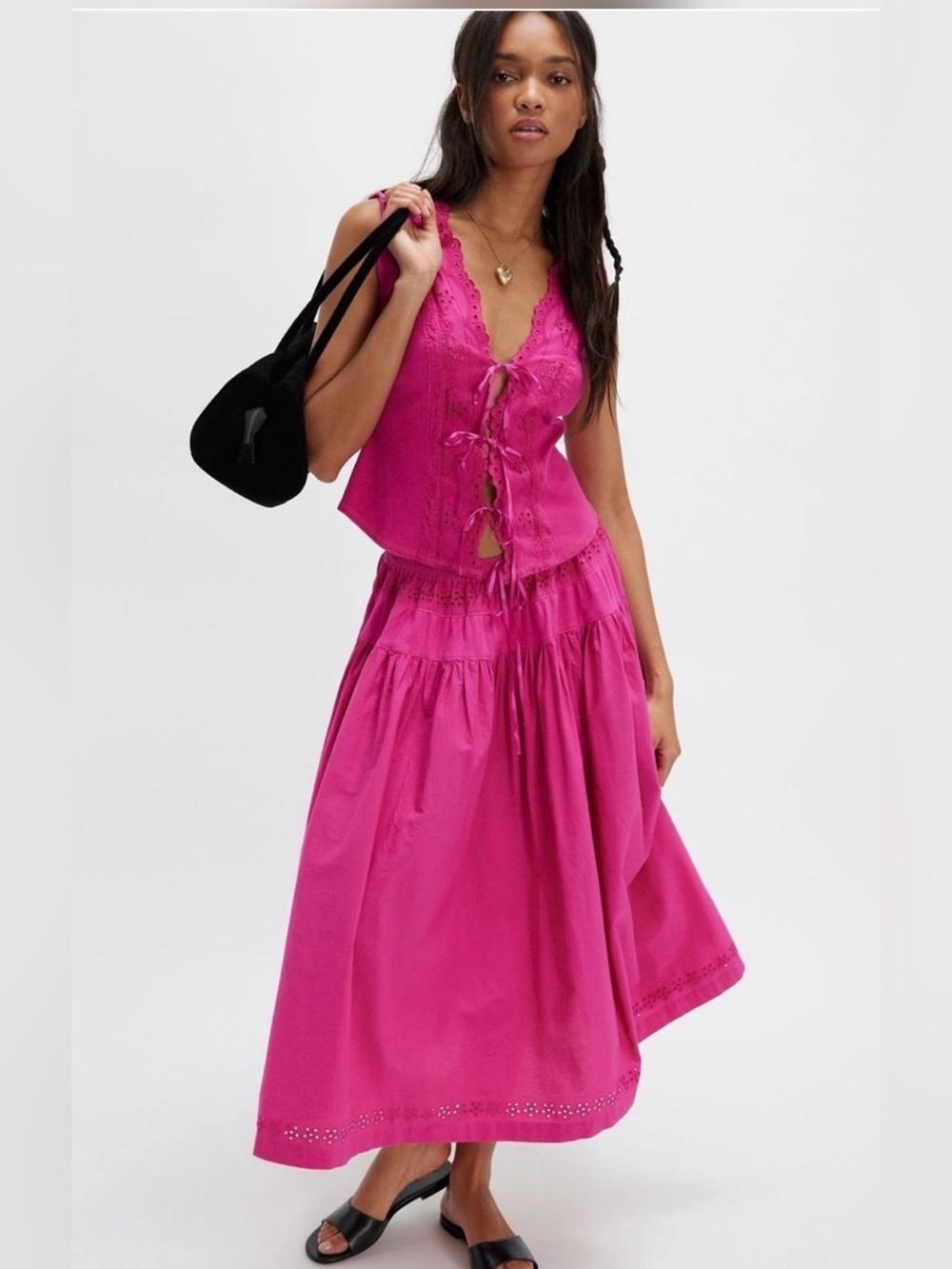 Free People Hot Pink Tiered Maxi Skirt and Lace Top Gesibelle Set Size S